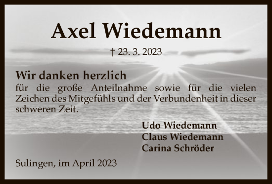 Traueranzeige von Axel Wiedemann von SYK