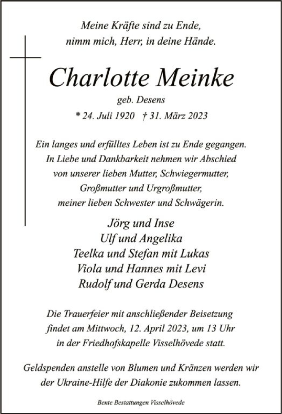 Traueranzeige von Charlotte Meinke von SYK