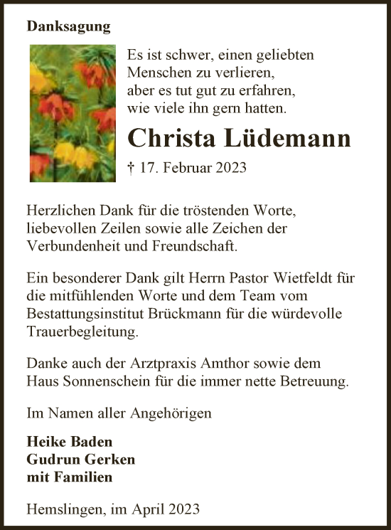 Traueranzeige von Christa Lüdemann von SYK