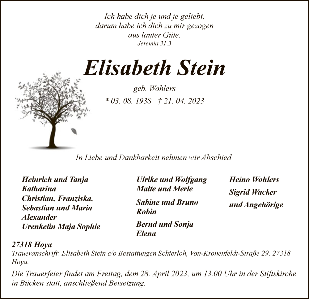  Traueranzeige für Elisabeth Stein vom 25.04.2023 aus SYK