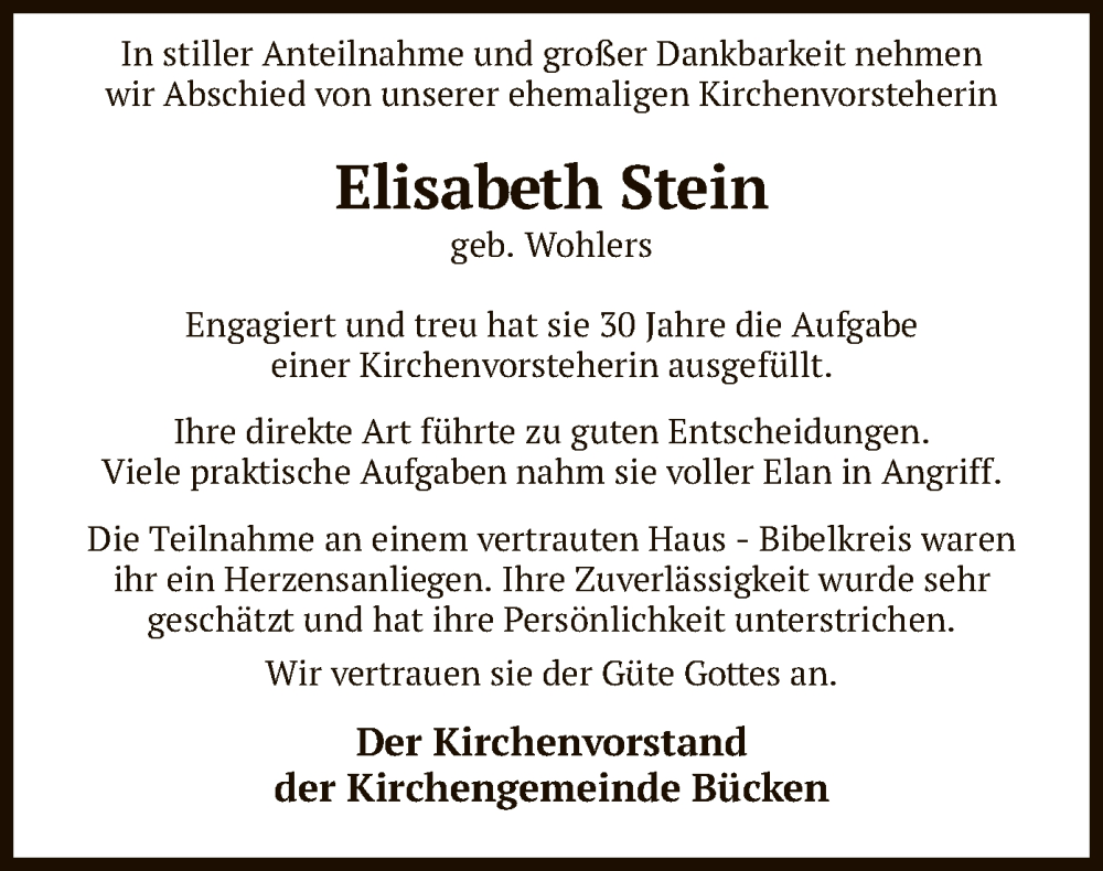  Traueranzeige für Elisabeth Stein vom 27.04.2023 aus SYK