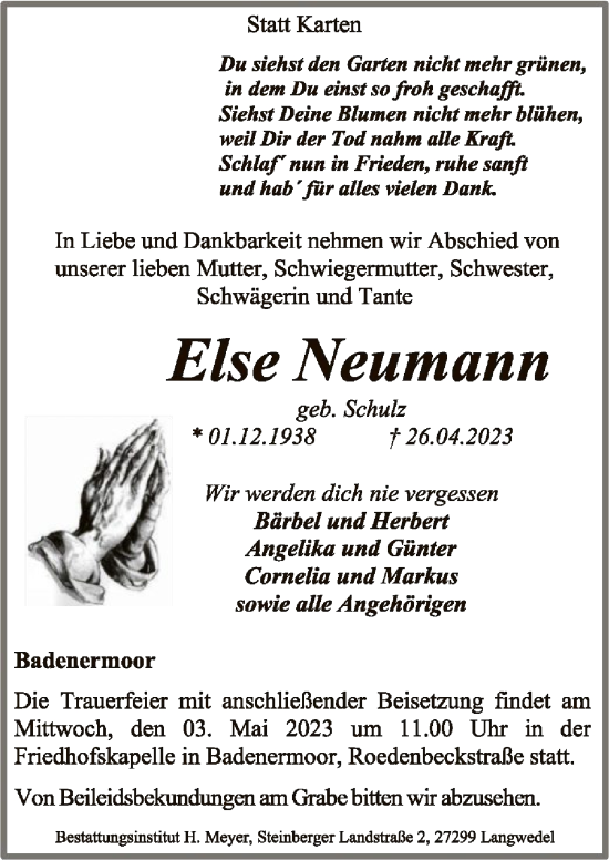 Traueranzeigen von Else Neumann | trauer.kreiszeitung.de