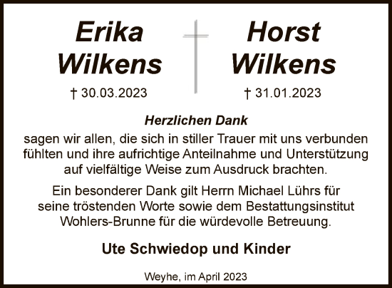 Traueranzeige von Erika und Horst Wilkens von SYK