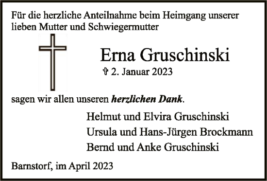 Traueranzeige von Erna Gruschinski von SYK