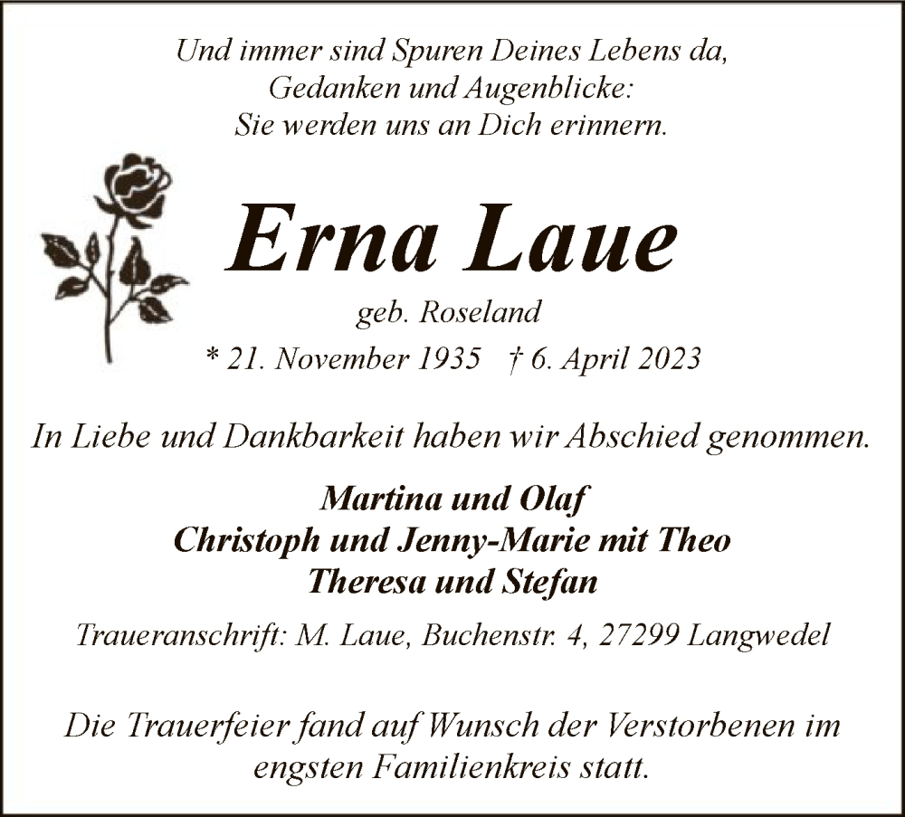  Traueranzeige für Erna Laue vom 22.04.2023 aus SYK