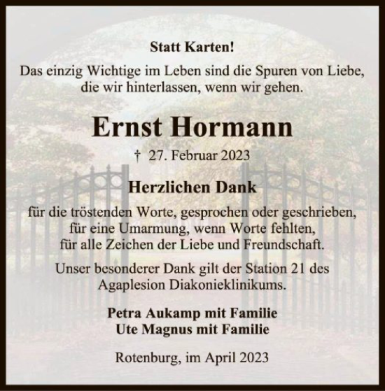 Traueranzeige von Ernst Hormann von SYK