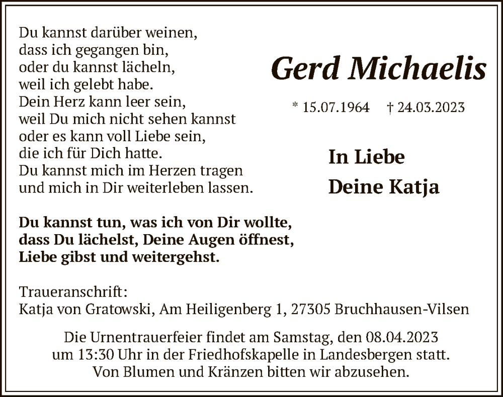  Traueranzeige für Gerd Michaelis vom 05.04.2023 aus SYK