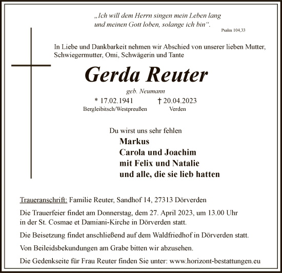 Traueranzeige von Gerda Reuter von SYK