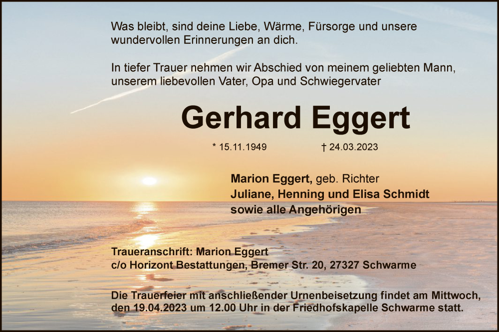  Traueranzeige für Gerhard Eggert vom 15.04.2023 aus SYK