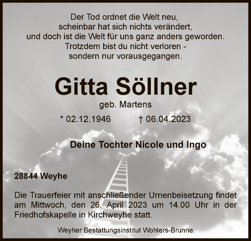  Traueranzeige für Gitta Söllner vom 15.04.2023 aus SYK