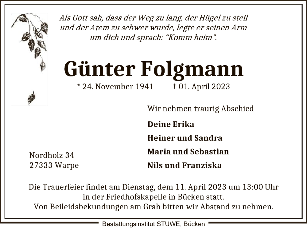  Traueranzeige für Günter Folgmann vom 05.04.2023 aus SYK