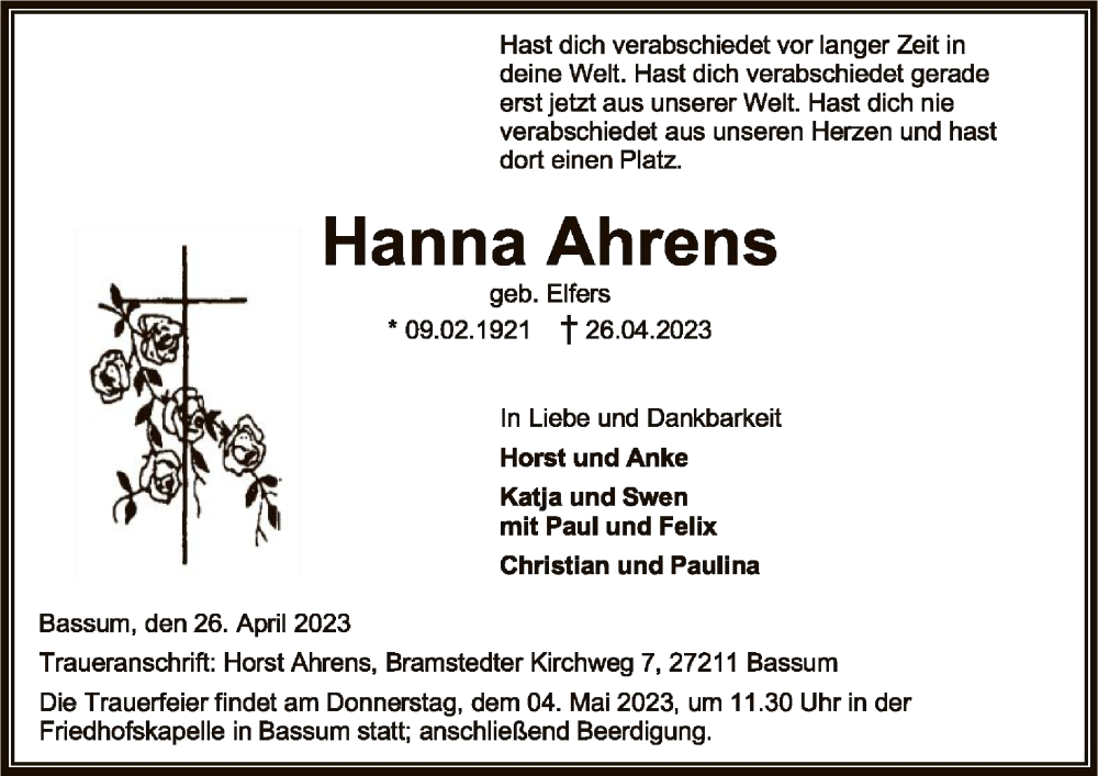  Traueranzeige für Hanna Ahrens vom 29.04.2023 aus SYK