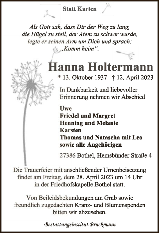 Traueranzeige von Hanna Holtermann von SYK