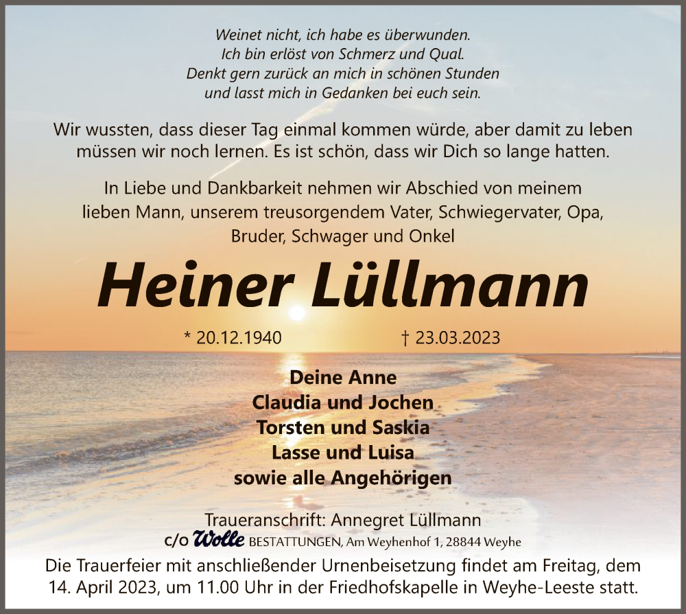  Traueranzeige für Heiner Lüllmann vom 01.04.2023 aus SYK