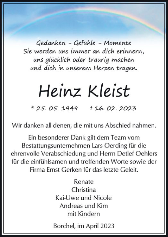 Traueranzeige von Heinz Kleist von SYK