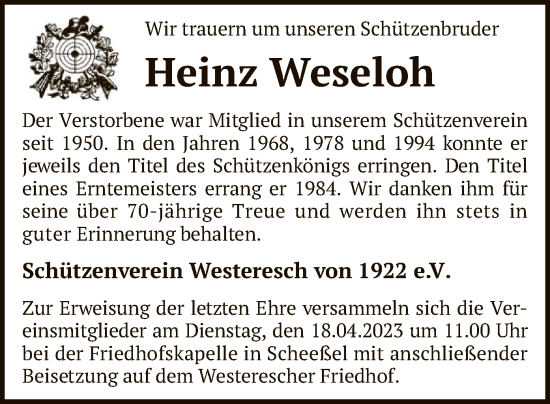 Traueranzeige von Heinz Weseloh von SYK