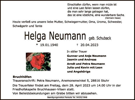 Traueranzeige von Helga Neumann von SYK