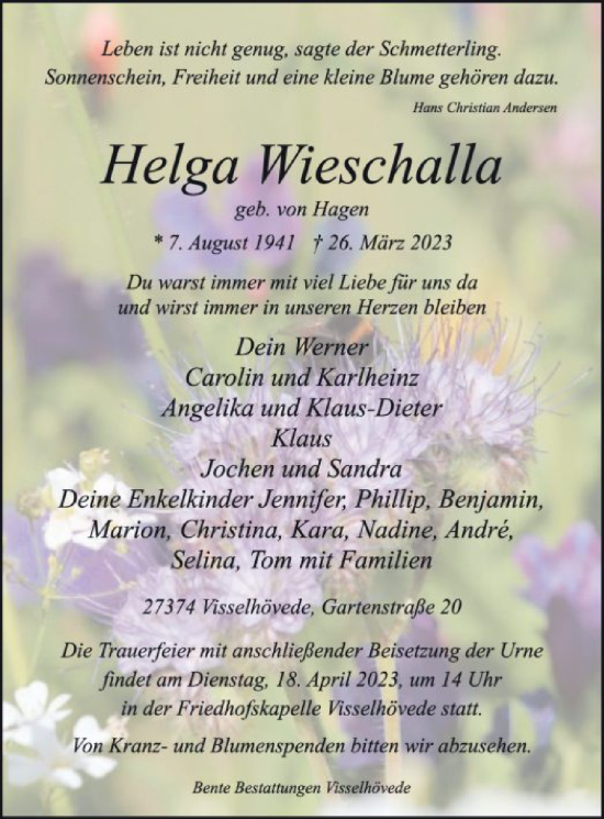 Traueranzeige von Helga Wieschalla von SYK