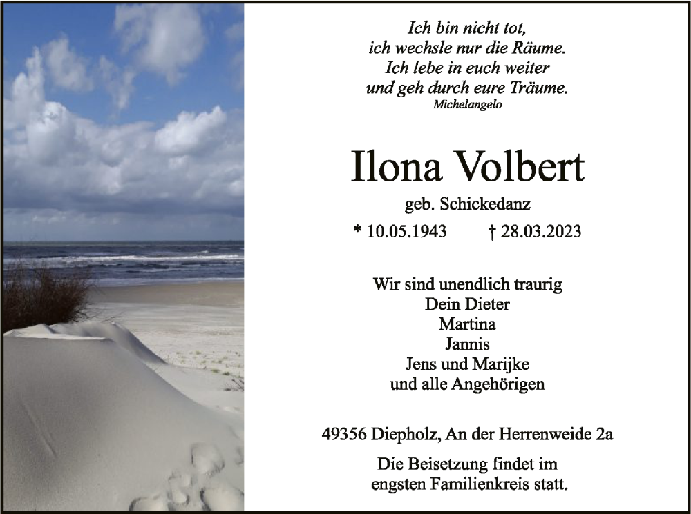  Traueranzeige für Ilona Volbert vom 01.04.2023 aus SYK