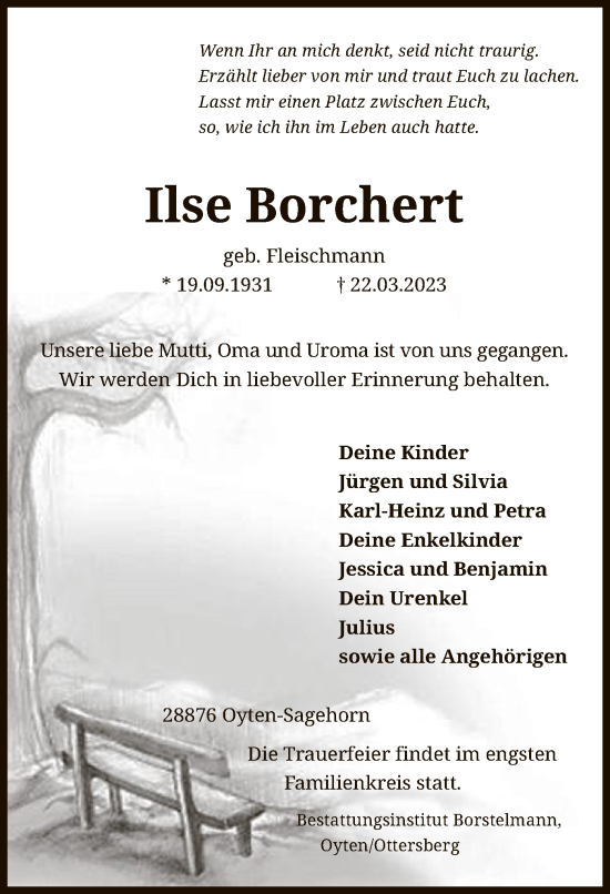 Traueranzeige von Ilse Borchert von SYK