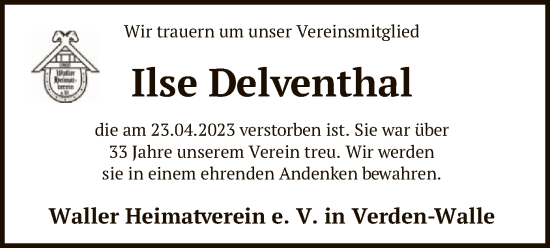 Traueranzeige von Ilse Delventhal von SYK