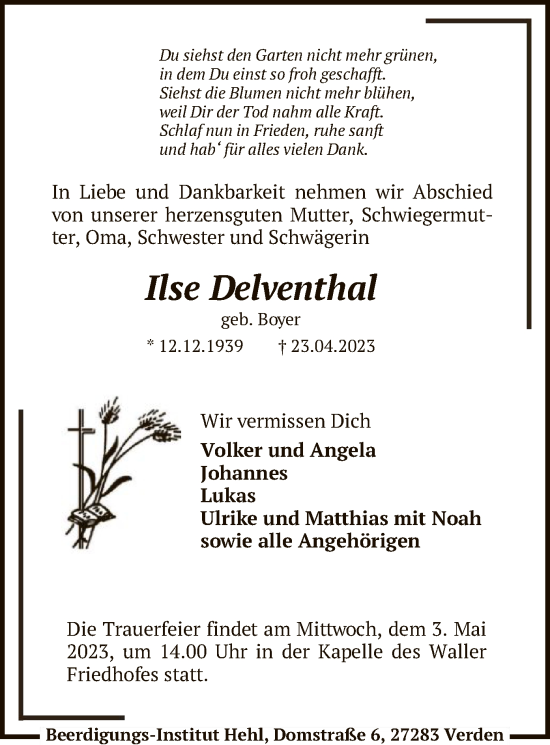 Traueranzeige von Ilse Delventhal von SYK