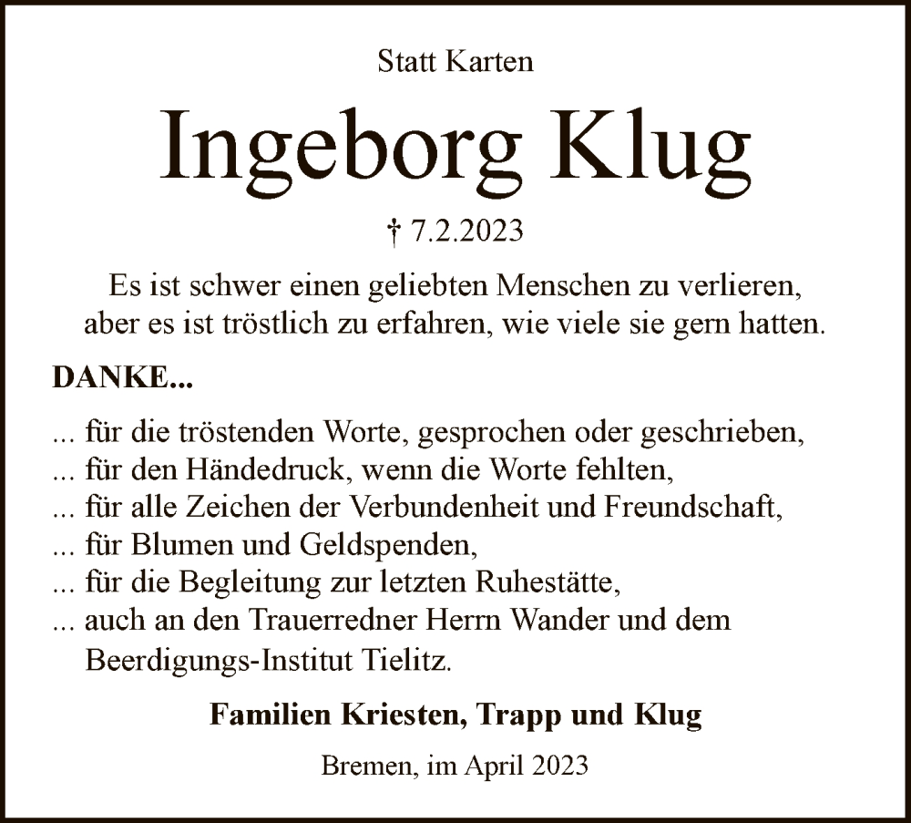  Traueranzeige für Ingeborg Klug vom 15.04.2023 aus SYK