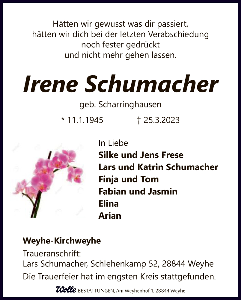  Traueranzeige für Irene Schumacher vom 01.04.2023 aus SYK