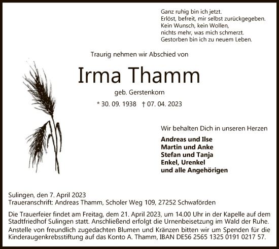 Traueranzeige von Irma Thamm von SYK