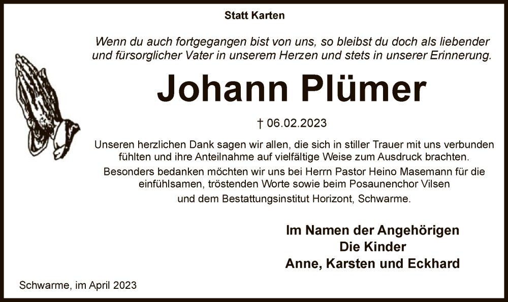  Traueranzeige für Johann Plümer vom 08.04.2023 aus SYK