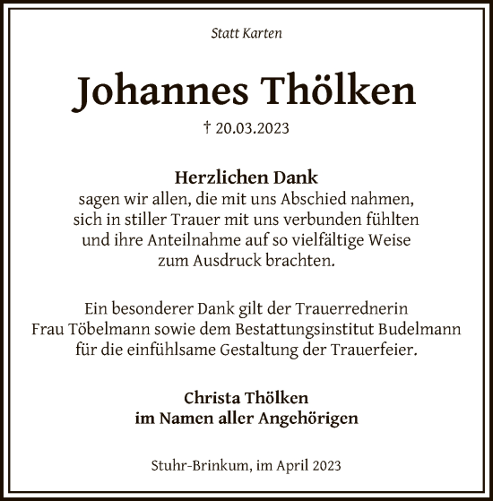 Traueranzeige von Johannes Thölken von SYK