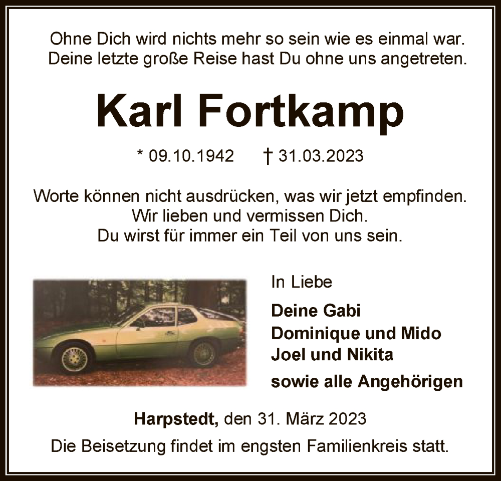  Traueranzeige für Karl Fortkamp vom 06.04.2023 aus SYK