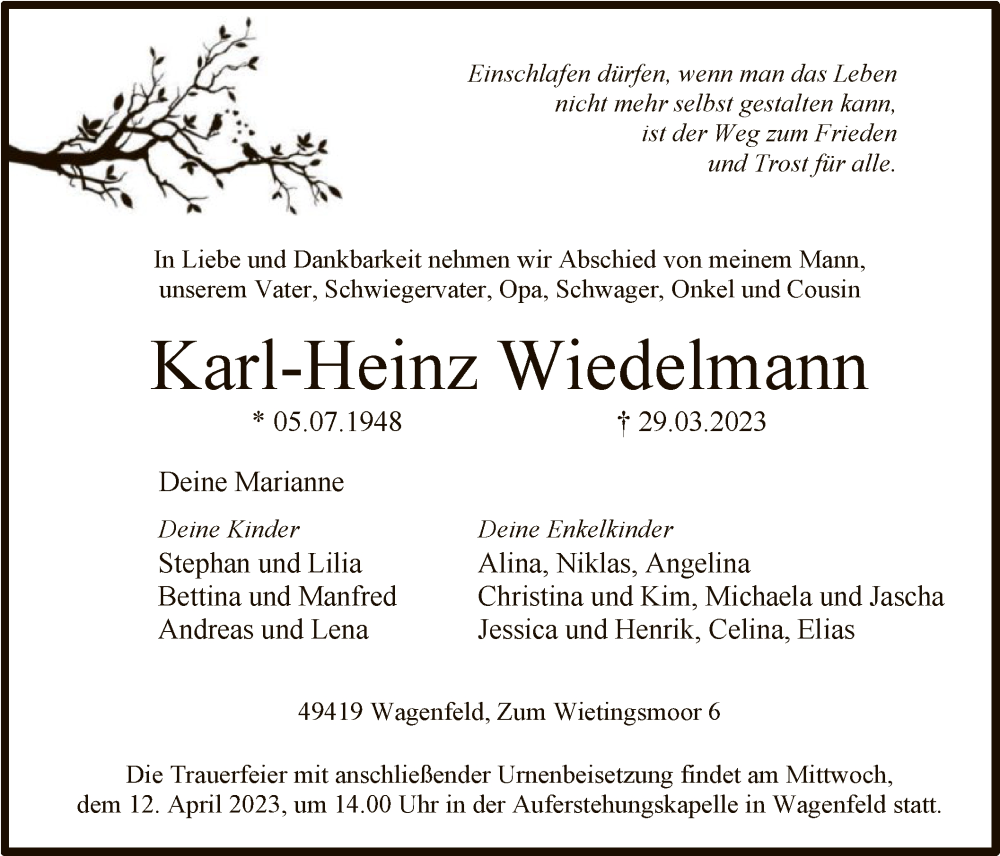  Traueranzeige für Karl-Heinz Wiedelmann vom 01.04.2023 aus SYK