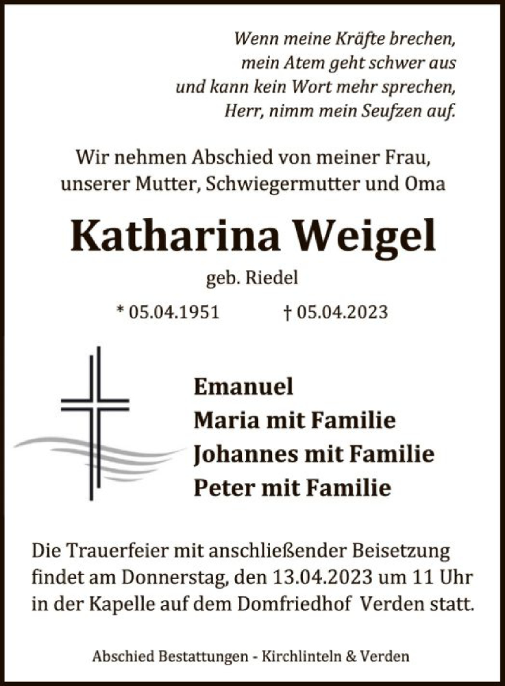 Traueranzeigen von Katharina Weigel | trauer.kreiszeitung.de