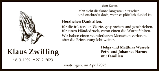 Traueranzeige von Klaus Zwilling von SYK