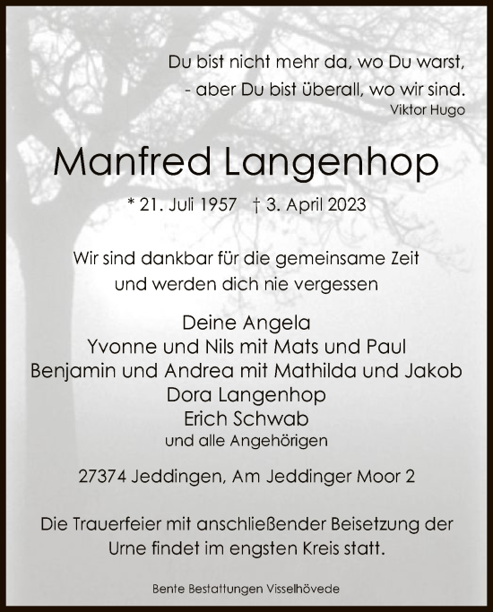 Traueranzeige von Manfred Langenhop von SYK