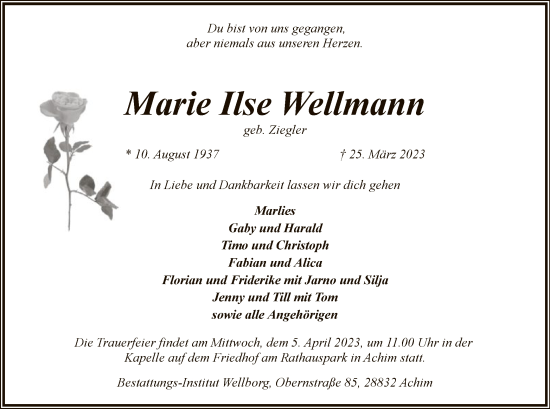 Traueranzeige von Marie Ilse Wellmann von SYK