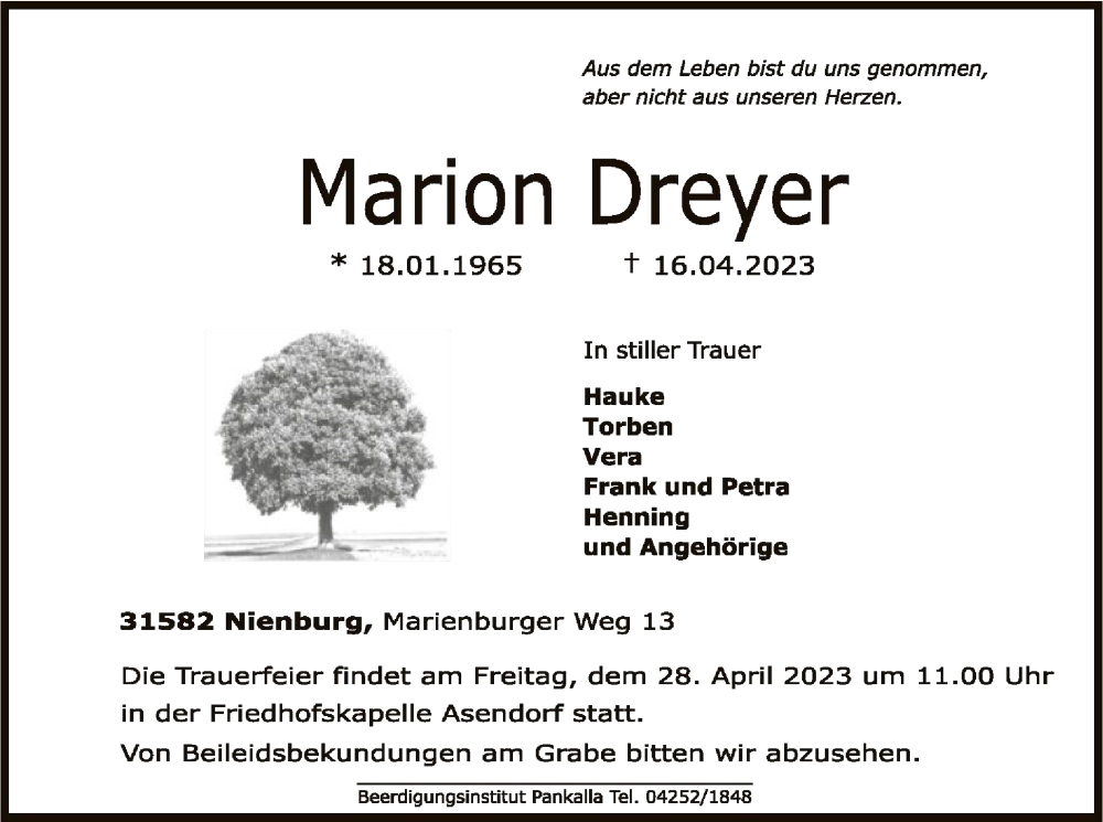  Traueranzeige für Marion Dreyer vom 19.04.2023 aus SYK