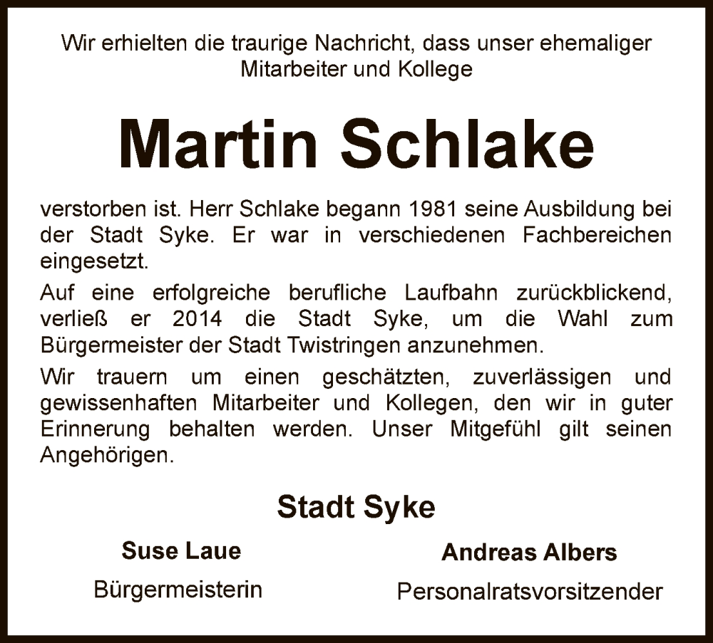  Traueranzeige für Martin Schlake vom 21.04.2023 aus SYK