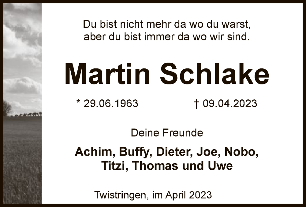  Traueranzeige für Martin Schlake vom 21.04.2023 aus SYK