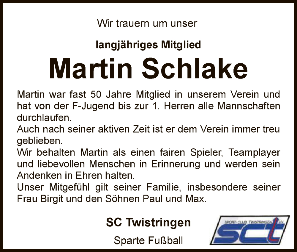  Traueranzeige für Martin Schlake vom 21.04.2023 aus SYK