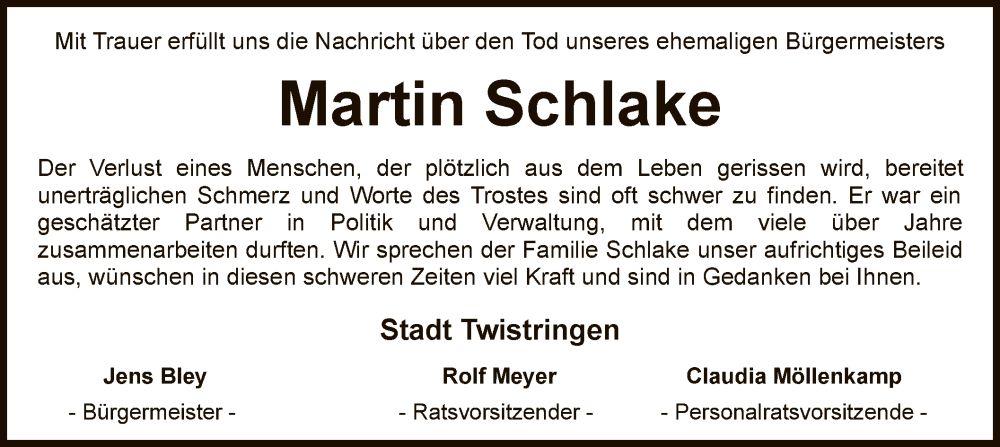  Traueranzeige für Martin Schlake vom 21.04.2023 aus SYK