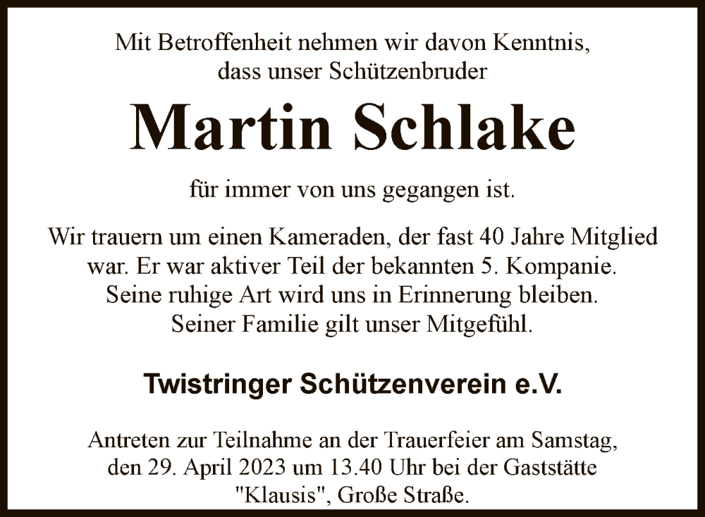  Traueranzeige für Martin Schlake vom 21.04.2023 aus SYK