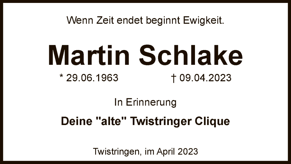  Traueranzeige für Martin Schlake vom 21.04.2023 aus SYK