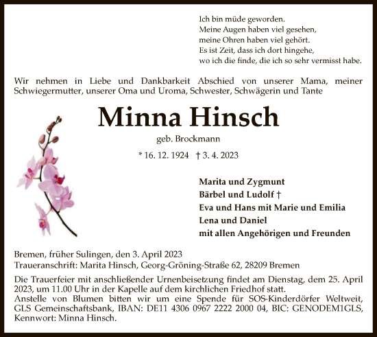 Traueranzeige von Minna Hinsch von SYK