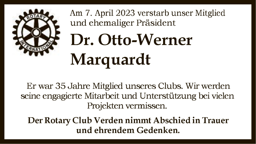  Traueranzeige für Otto-Werner Marquardt vom 15.04.2023 aus SYK
