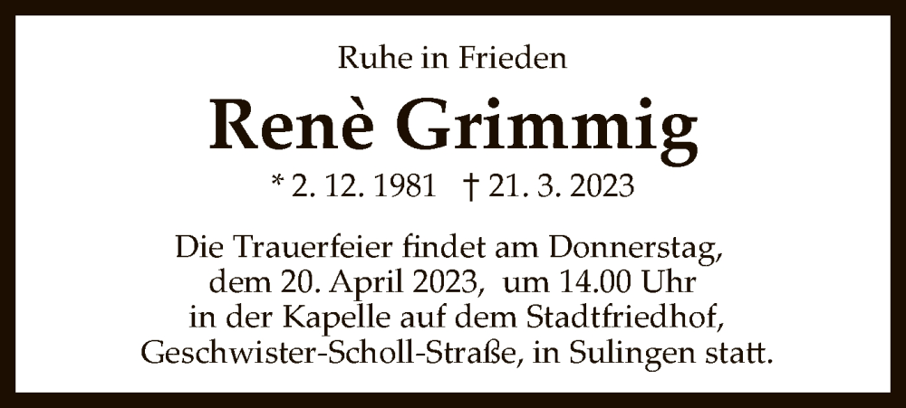  Traueranzeige für Rene Grimmig vom 15.04.2023 aus SYK