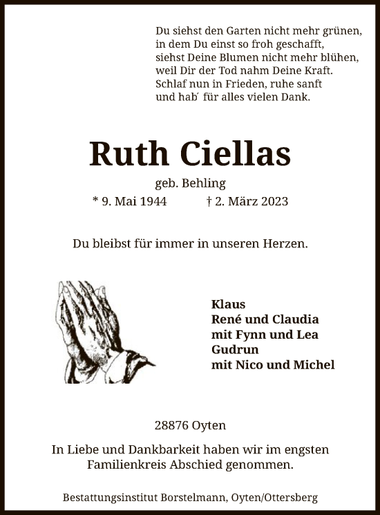 Traueranzeige von Ruth Ciellas von SYK