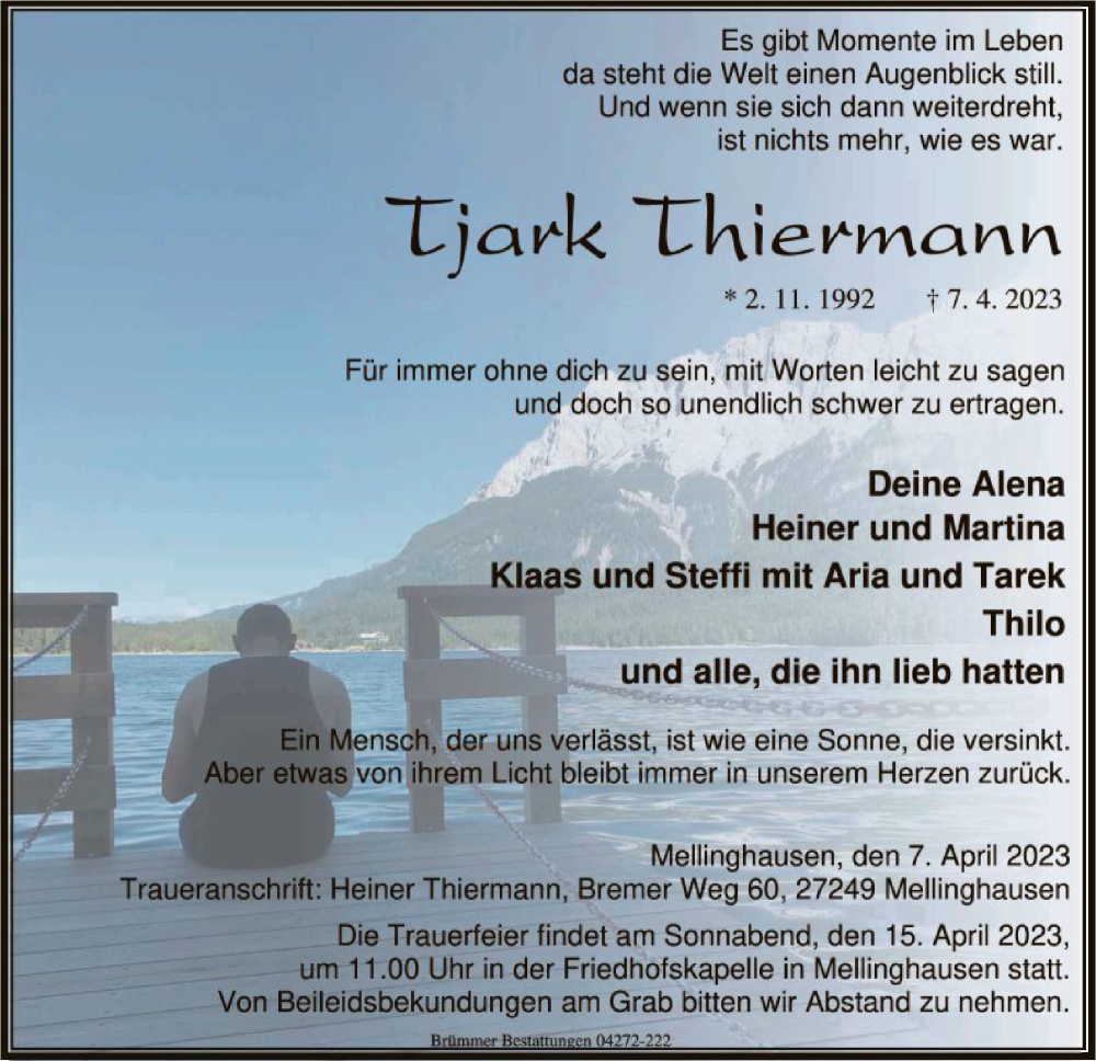  Traueranzeige für Tjark Thiermann vom 13.04.2023 aus SYK