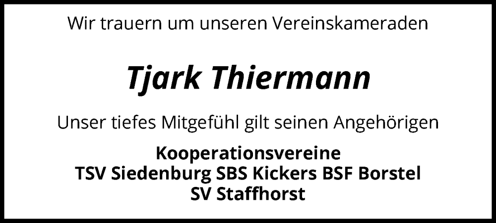  Traueranzeige für Tjark Thiermann vom 15.04.2023 aus SYK